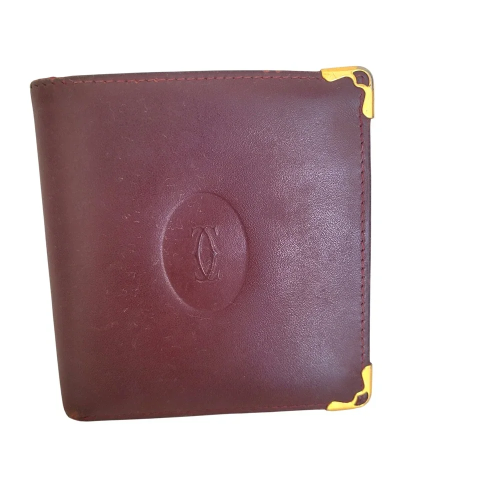 Cartier Vintage Must de Cartier Burgundy Leather Bifold Wallet Gold Corners